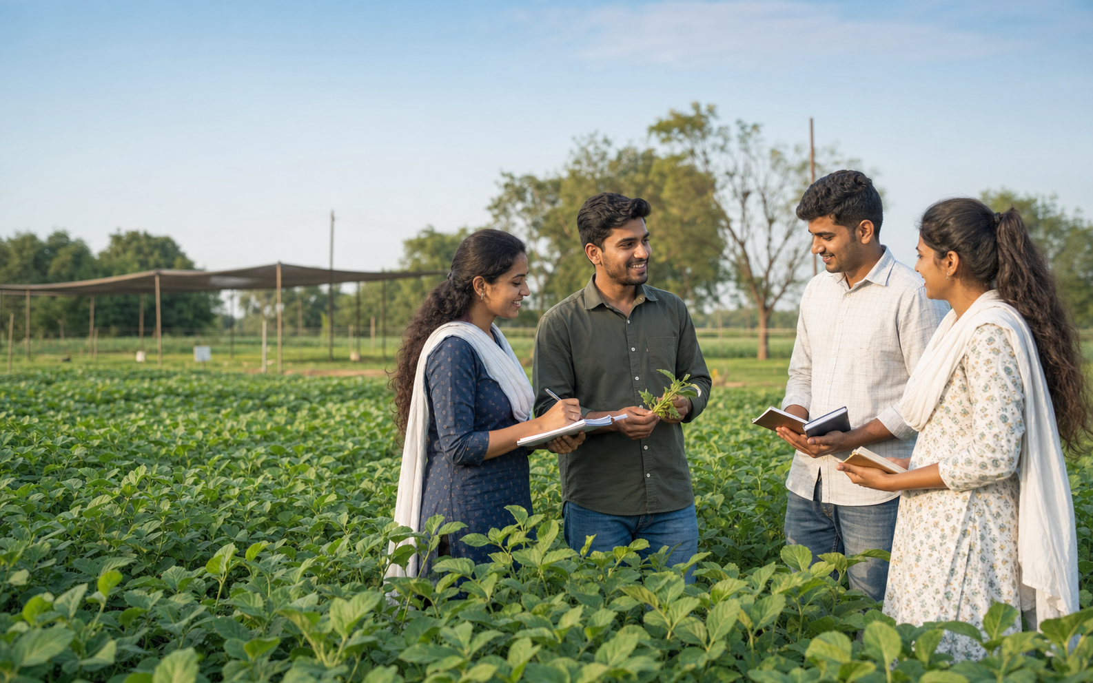 Agriculture alumni and students sharing field notes at a demonstration plot